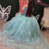Off-Shoulder Ball Gown with 3D Beaded Flower Appliques & Ruffled Tulle Skirt Lake Blue Quinceanera or Sweet 16 Princess Dress